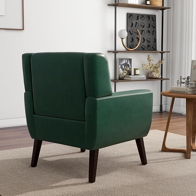 Accent Chair, Mid-Century Modern PU Leather Chairs with Arms for Living Room, Comfy Upholstered Club Single Sofa Armchair for Bedroom Waiting Room with Solid Wood Frame(Leather Green, Set of 1