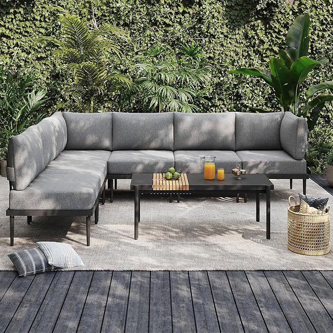 Sundale Outdoor 7 Pieces Metal Patio Furniture Set, Outdoor Sectional Sofa with 6 Inch Olefin Cushion, Modern Outdoor Conversation Sets (6 Seats, Grey Frame)