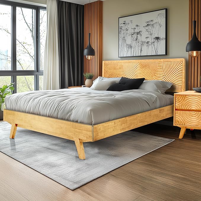 ACACIA Harmony Queen Platform Bed Frame – Solid Rubber Wood, Natural Oak Finish, Mid-Century Design, Signature Circular Wood Texture, 800lbs Support, No Box Spring Needed, Easy Assembly, Easy Assembly