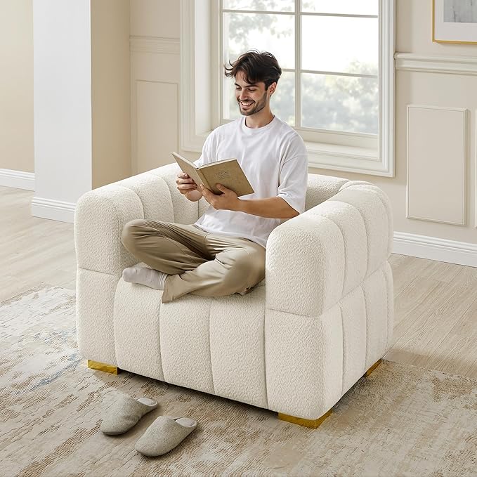VANOMi Oversized Accent Chairs Set of 2, Boucle Arm Chair with Deep Seat, Oversized Comfy Reading Chair for Living Room, Bedroom, Office, Apartment,White (2 Piece)