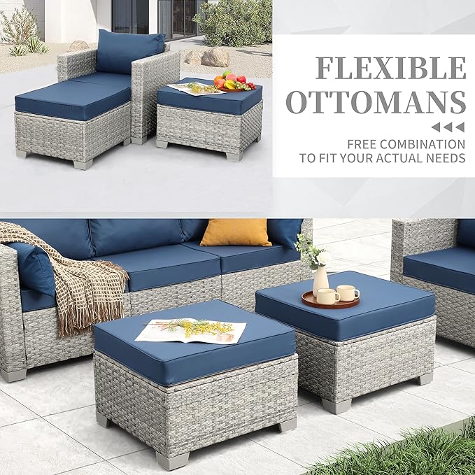 WAROOM Patio Furniture Set 6 Piece Grey Wicker Outdoor Furniture Patio Sectional Sofa Couch PE Rattan Conversation Sets with Fire Pit Table, Blue Cushion
