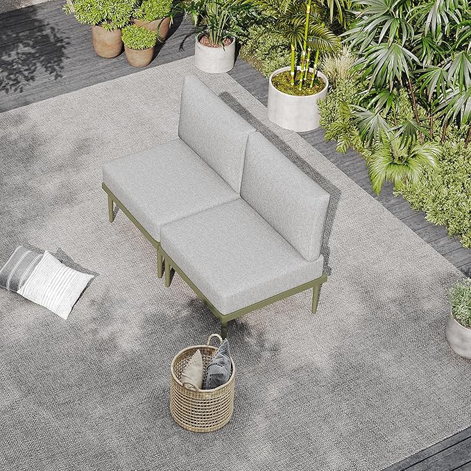 Sundale Outdoor 2 Pieces Patio Furniture Set, Metal Outdoor Sectional Sofa with 6 Inch Olefin Cushion, All-Weather Modern Outdoor Conversation Sets