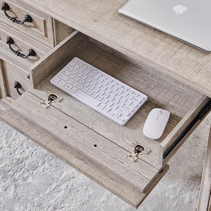 RedLemon 60" Executive Desk with Drawers,Wood Home Office Desk, Featuring Keyboard Tray,Charging Station,File Drawer, Storage Cabinet,for Work and Study (Light Rustic Oak)