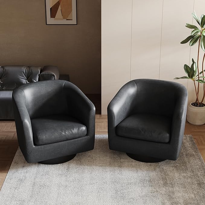 Lumibee Swivel Accent Chairs Set of 2, Faux Leather Swivel Barrel Chairs for Living Room, Modern Comfy Upholstered Round Armchairs Single Sofa Chairs for Bedroom, Club-Black