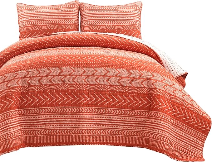 Lush Decor Hygge Geo Pattern Striped 3 Piece Quilt Bedding Set, King, Burnt Orange