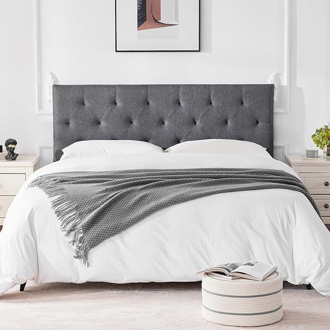 Linen Upholstered Headboard Twin Size, Diamond Tufting Solid Wood Twin XL Headboard Only, Adjustable Height from 37” to 51” Head Board, Dorm Bed Frame or Wall Mount Headboards, Light Grey