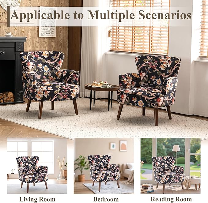 Floral Accent Chair, Upholstered Living Room Chairs with Solid Wood Legs, Mid Century Modern Velvet High Back Armchair for Living Room, Bedroom, Black
