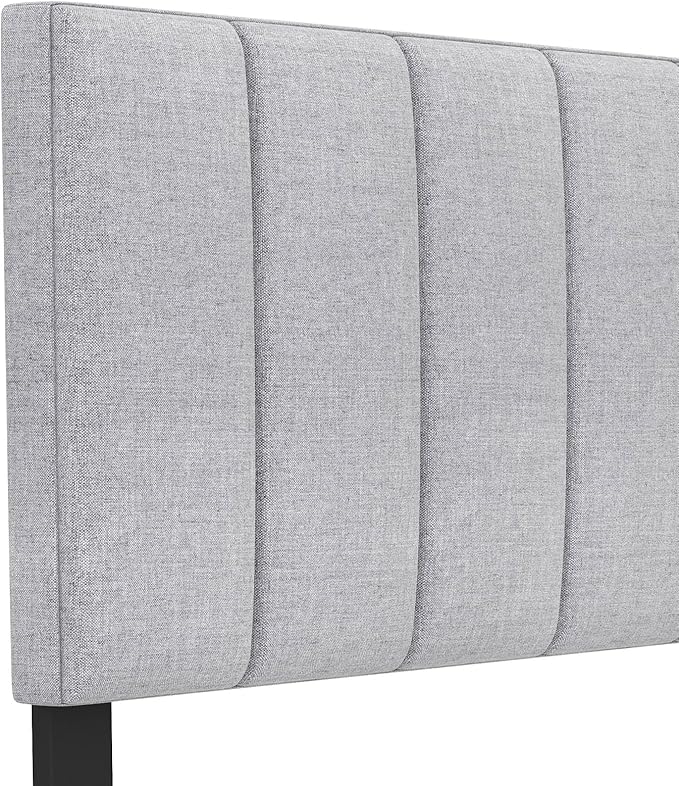KOMFOTT Linen Upholstered Headboard for Full & Queen Size Bed, Vertical Channel Tufted Rectangular Headboard with Solid Wood Legs & Adjustable Width, Padded Bed Backboard, Easy Assembly (Gray)