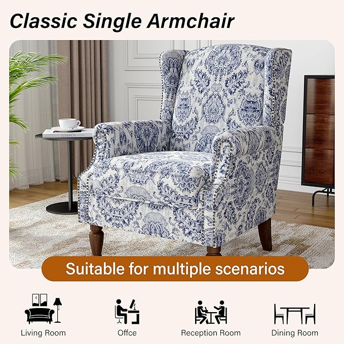 Wingback Accent Chair, High Back Upholstered Armchair, Printed Fabric Wingback Arms Chairs with Wood Legs, Single Sofa Reading Chair for Bedroom Living Room, Navy