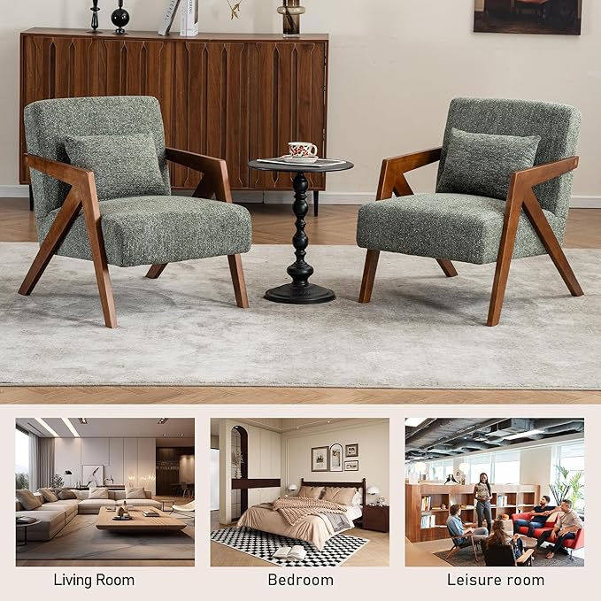 Mid-Century Modern Accent Chair with Solid Wood Frame,Upholstered Chenille Living Room Arm Chairs with Pillow for Bedroom, Living Room, Balcony, Reading Room, Green