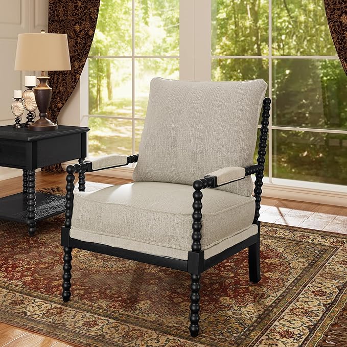 Morden Fort Linen Fabric Spindle Accent Chair with Wood Frame, French Style Accent Chairs with Padded Spring Seat and Armrest Pads, Brushed Base for Living Room Bedroom Farmhouse Office Balcony