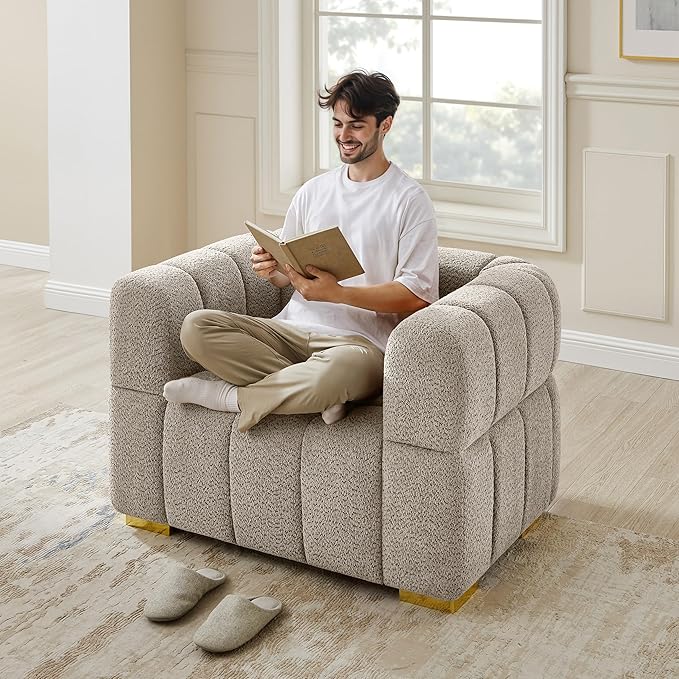VANOMi Oversized Accent Chairs Set of 2, Boucle Arm Chair with Deep Seat, Oversized Comfy Reading Chair for Living Room, Bedroom, Office, Apartment,Camel (2 Piece)