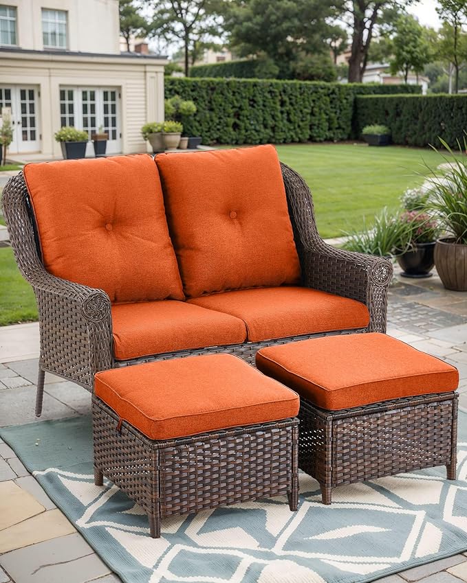 Patio Loveseat Outdoor Wicker Sofa - Heavy Duty All-Weather Brown Rattan 2-Person Sofas with High Back and Comfortable Thick Cushions for Garden Back Porch Poolside Apartment - Orange