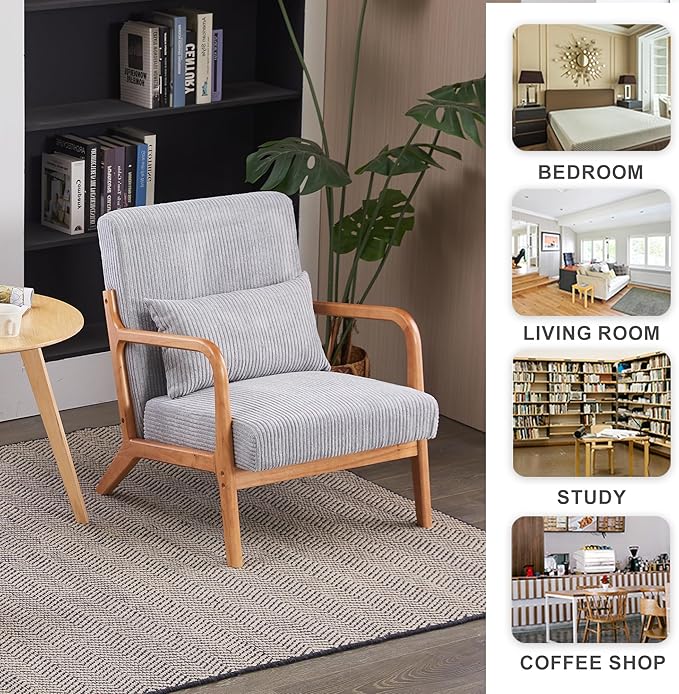 Accent Chairs, Mid-Century Modern Chair with Pillow, Armchair with Solid Wood, Reading Relaxing Leisure Chair for Living Room(Light Grey)
