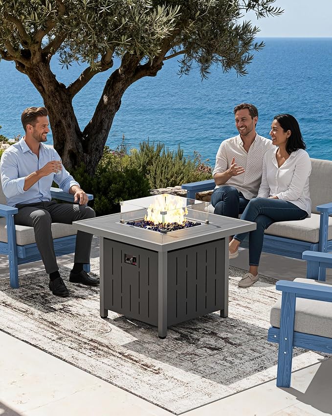 SERWALL Patio Furniture Set with 33” Fire Pit Table, HDPE Outdoor Sectional Sofa Set with Thickened Cushions, Blue Frame with Khaki Cushions