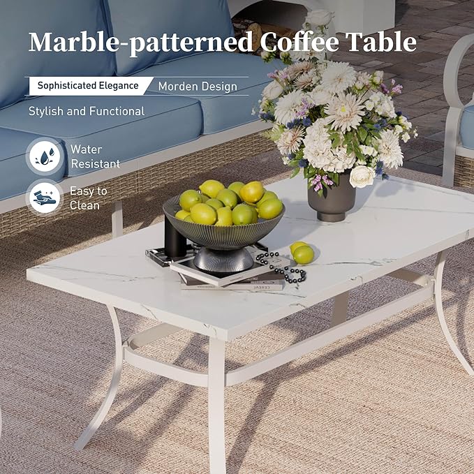 6 Piece Metal Outdoor Patio Furniture Set, Patio Conversations Sets 3-Seater Sofa, 2-Seater Sofa, 2 Swivel Chair with 5.75" Thick Cushion & Coffee Table White Backyard Furniture, Blue