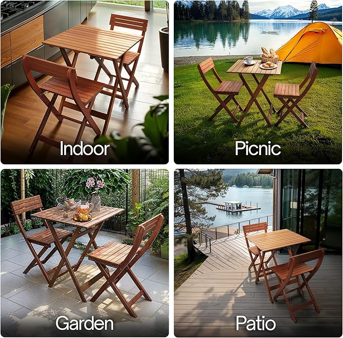 Tranquillo Foldable Eucalyptus Wood Bistro Set – 3-Piece Outdoor Patio Table and Chairs Set, Compact Folding Balcony Furniture, Weather & Water Resistant Garden Set for Small Spaces