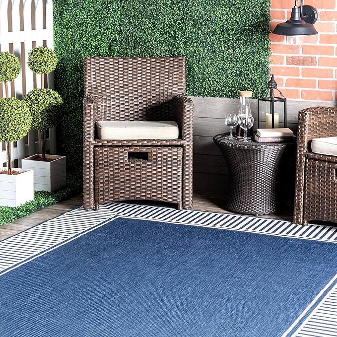 nuLOOM 10' x 13' Outdoor Area Rug, Casual Design with Striped Border, Stain Resistant, Highly Durable, for Patio, Balcony, Bedroom, Living Room, Dining Room, Bathroom, Navy