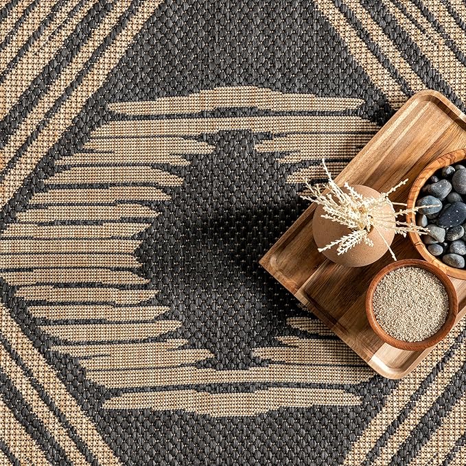 nuLOOM 4' x 6' Outdoor Tribal Geometric Area Rug, Stain Resistant, Weather Resistant, High Traffic, Patio, Balcony, Outside, Ranya Dark Grey