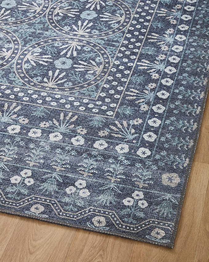 Loloi Rifle Paper Co. Maison Collection MAO-03 Rosette Blue 2'-6" x 9'-6", .19" Pile Height, Runner Rug