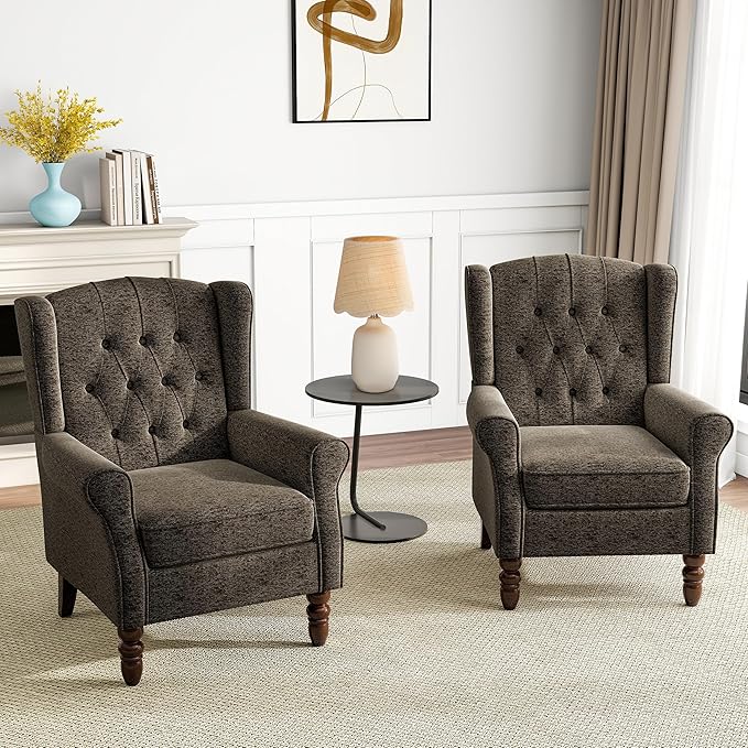 Mid-Century Modern 2-Piece Wingback Chair Set - Plush Upholstered Accent Chairs with Solid Wood Legs, High Back Lounge Seating for Living Room, Bedroom & Office - Retro Matched Pair (Taupe)