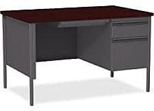 Lorell Fortress Single Pedestal Desk, 30" x 48" x 29.5", Gray Steel Base with Mahogany Laminate Top