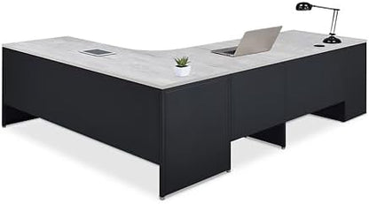 nbf signature series Carbon L Shaped Desk with 2-Drawer Pedestal Left Return Gray Wash Maple Ergonomic Computer Desk Corner Office Desk 72" Wx96 D with File Drawers