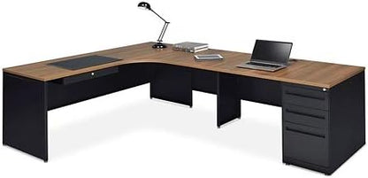NBF Carbon L Shaped Executive Office Desk with Hutch - Durable Laminate Computer Desk with 3 Drawers - Modern Desk with Storage and Cabinet - Work Desk with Right Return (72" W x 96" D, Gray, Maple)