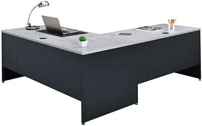 NBF Carbon L-Shaped Reversible Executive Office Desk - Durable Laminate Computer Desk with 4 Drawers Pedestal - Modern Desk with Storage and File Cabinet - Office Work Desk (66" W x 78" D, Black,Oak)