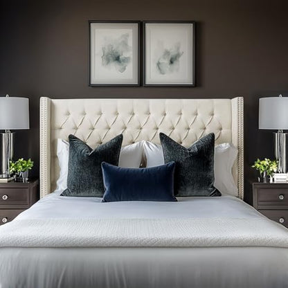 Madison Park Amelia Upholstered Headboard | Nail Head Trim Wingback Button Tufted | King, Cream