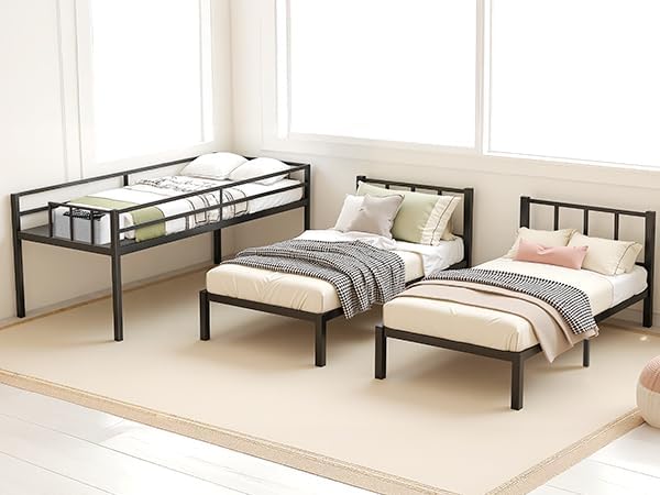 Heavy Duty Triple Bunk Bed, Twin Over Twin Over Twin with Guardrails and Ladder, Metal Bunk Bed for 3, 3 Bed Teens and Adults, No Box Spring Needed, Black