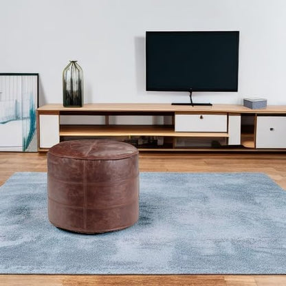 SIMPLIHOME Connor Round Pouf - 18 inch Wide Upholstered Genuine Leather Ottoman in Distressed Brown, Boho Footstool or Extra Seating for Living Room or Bedroom with Polystyrene Filling, Assembled