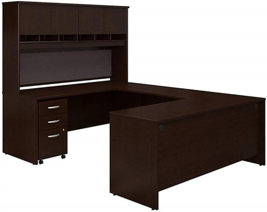 UrbanPro U-Shaped Engineered Wood Storage Desk with Hutch in Mocha Cherry