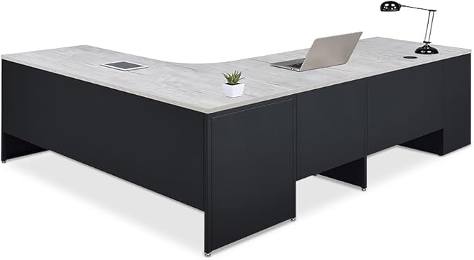 NBF Carbon L Shaped Executive Office Desk - Durable Laminate Computer Desk with 2 Drawers Pedestal - Modern Desk with Storage and File Cabinet - 72" W x 96" D Office Work Desk (Oak)