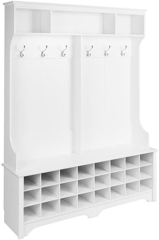 Prepac White Hall Tree, Shoe Cabinet, Storage Cabinet with 24 Shoe Cubbies and 6 Double Coat Hooks 15.5" D x 60" W x 77" H