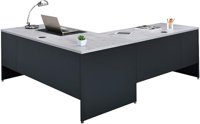 nbf signature series Modern L-Shaped Reversible Executive Office Desk - Black, Maple - 66" W x 78" D - Computer Desk with 4 Lockable Drawers - Home Office