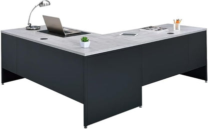 nbf signature series Modern L-Shaped Reversible Executive Office Desk - Black, Maple - 66" W x 78" D - Computer Desk with 4 Lockable Drawers - Home Office