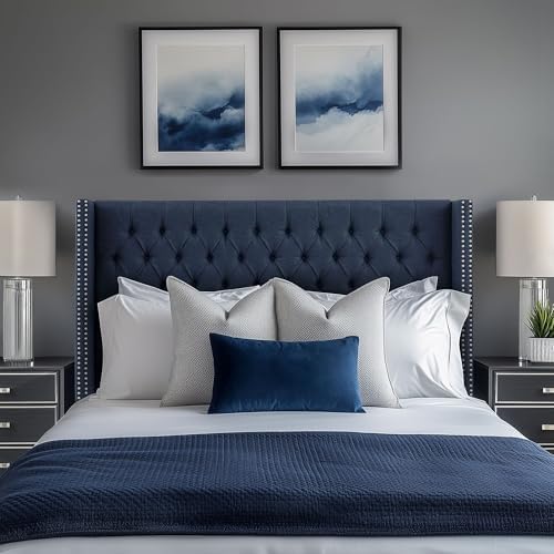 Madison Park Queen Button Tufted Headboard, Adjustable Upholstered Transitional Wingback Headboard, Nailhead Trim, Wooden Frame, Black Metal Legs, Flush Flat Back, Vintage Bedroom Décor Amelia - Navy