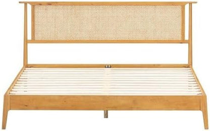 NTC Ruby Wooden Bed Frame with Headboard and Natural Rattan, Solid Oak/Rubber Wood Foundation with Silent Slats, 1000 Lb Capacity, Effortless Assembly - King - Rustic Oak
