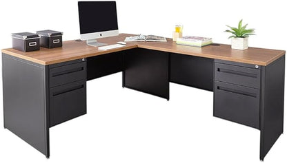 nbf signature series Modern L-Shaped Reversible Executive Office Desk - Black, Oak - 66" W x 78" D - Computer Desk with 4 Lockable Drawers - Home Office