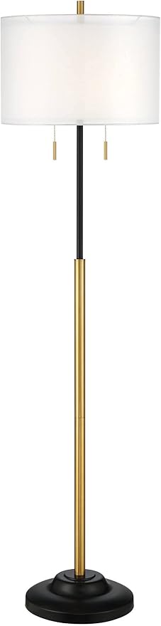 Possini Euro Design Roxie Modern Glam Floor Standing Lamp 65.5" Tall Sleek Brass Black Metal Double Layer Linen and Sheer Drum Shade Decor for Living Room Reading House Bedroom Home