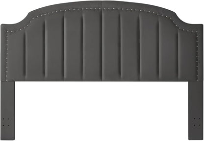 24KF Velvet Fabric Upholstered King/California King Headboard with Nail Trims, Modern Vertical Channel Design with Curved King Headboard, 6052-K-Dark Gray