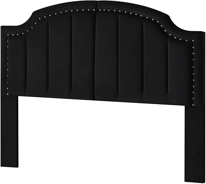 24KF Velvet Fabric Upholstered Queen/Full Headboard with Nail Trims,Modern Vertical Channel Design with Curved Headboard, 6052-Q-Black