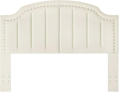 24KF Velvet Fabric Upholstered Queen/Full Headboard with Nail Trims,Modern Vertical Channel Design with Curved Headboard, 6052-Q-Cream