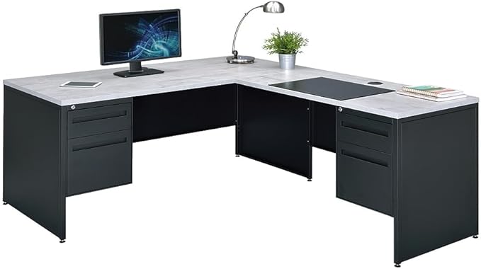 nbf signature series Modern L-Shaped Reversible Executive Office Desk - Black, Maple - 66" W x 78" D - Computer Desk with 4 Lockable Drawers - Home Office