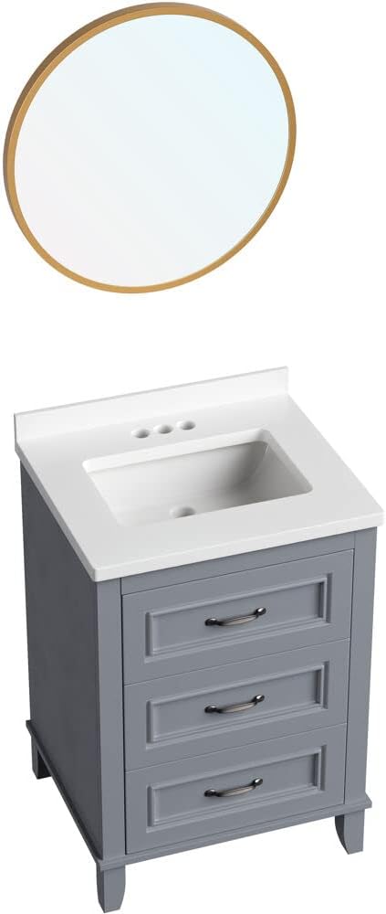 Hanover Ambridge 24'' Vanity Cabinet with Sink Combo for Bathroom, Powder Room, Pre-Assembled Cabinet, 2 Drawers, Accent Mirror, Artificial Stone Countertop, Gray Cabinet