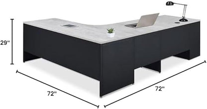 nbf signature series Carbon L Shaped Desk with 2-Drawer Pedestal Left Return Gray Wash Maple Ergonomic Computer Desk Corner Office Desk 72" Wx96 D with File Drawers