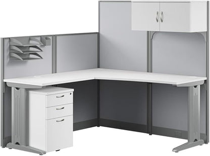 Bush Business Furniture Office in an Hour 65W L Shaped Cubicle Desk with Storage, Drawers, and Organizers in Pure White Modern Computer Table Set with Privacy Panels for Commercial Workspace