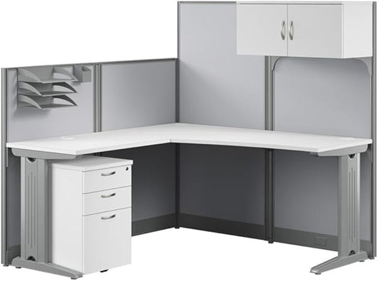 Bush Business Furniture Office in an Hour 65W L Shaped Cubicle Desk with Storage, Drawers, and Organizers in Pure White Modern Computer Table Set with Privacy Panels for Commercial Workspace