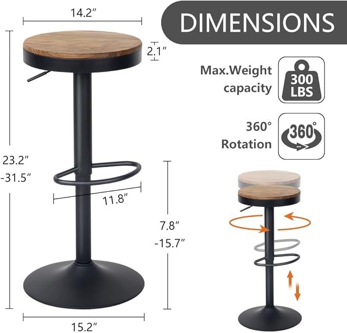 Kidol & Shellder Bar Stools Set of 6 Round Adjustable Swivel Barstools Modern Backless Bar Chairs Wooden Seat Counter Height Stools Armless for Kitchen Island, Cafe, Dining Room Black